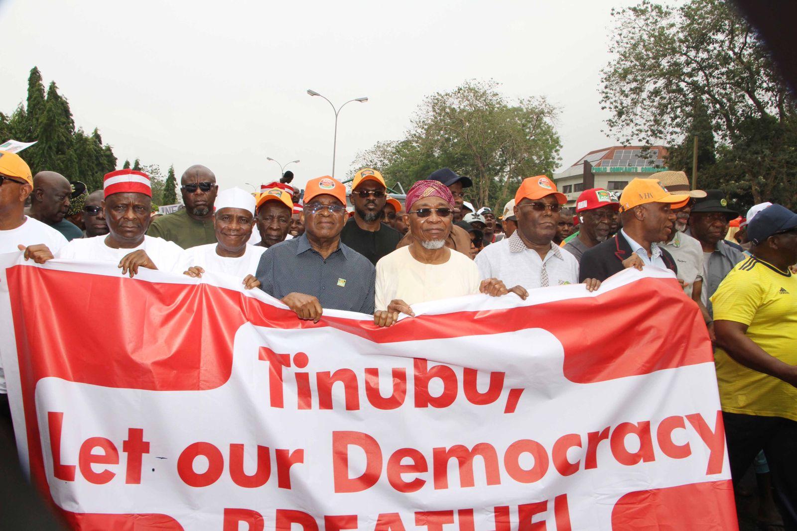 Atiku, Peter Obi, Amaechi Lead Abuja Protest Against INEC Derecognition Of ADC