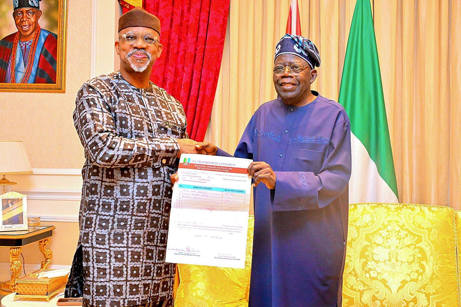 Gov Abiodun presents his Ogun East senatorial district nomination certificate to Tinubu